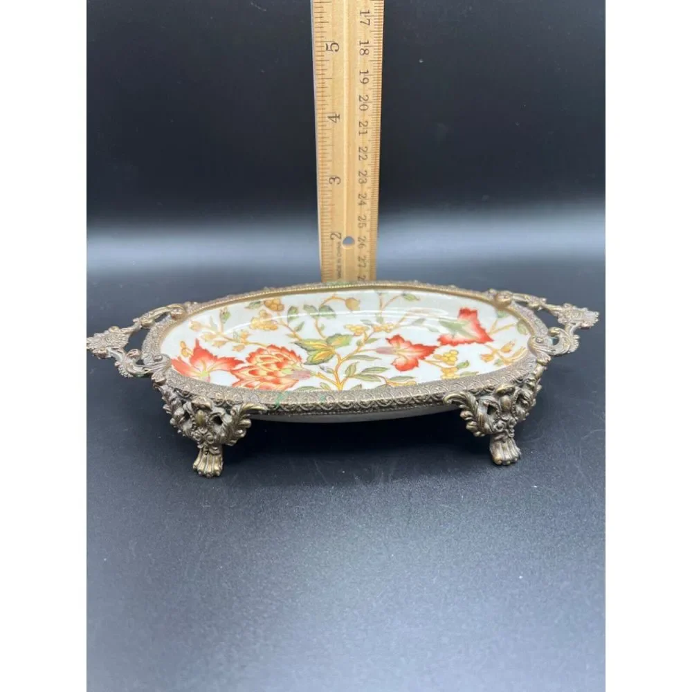 Chinese Porcelain & Brass Floral Soap Or Trinket Dish